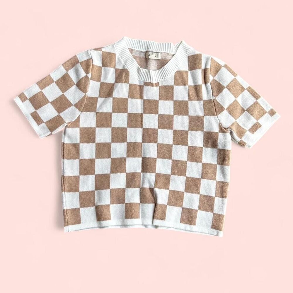 Fuzzy Checker crop top in tan and beige